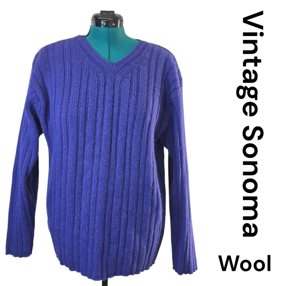 Vintage Sonoma Wool‎ V Neck Ribbed Pullover Sweater Women's XL Purple